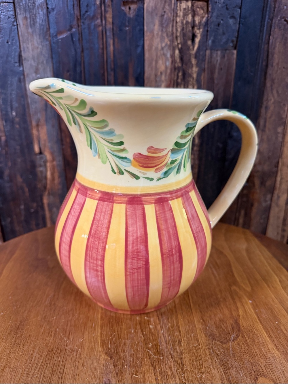 Gail Pittman Sienna Garland Pitcher Hand Painted Red Yellow Stripe Pottery 8”